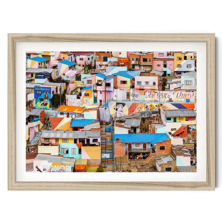 Colorful Hillside Houses, La Paz, Bolivia fine art print in a natural wood frame with white mat