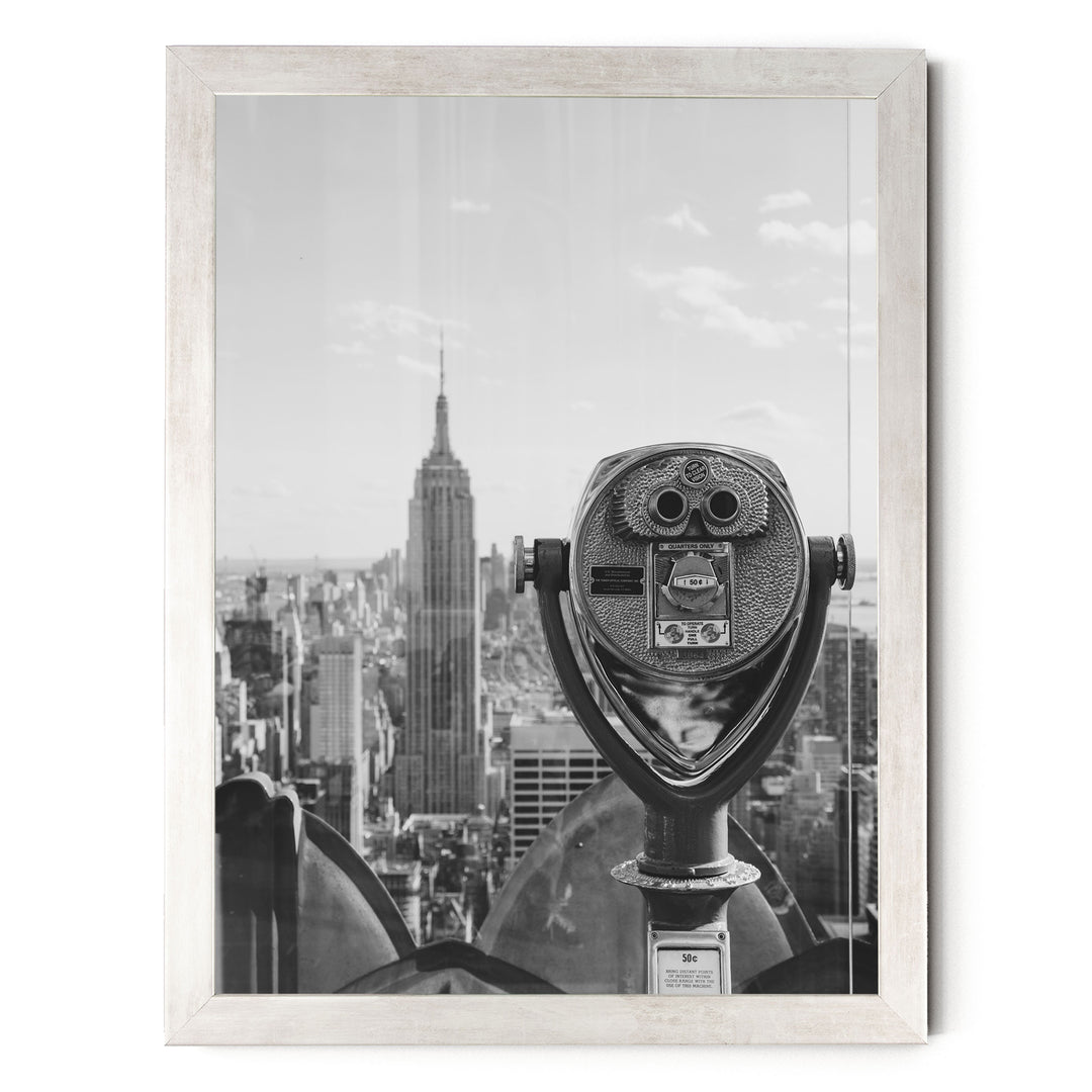 Binoculars and Empire State Building, New York City – B&amp;W print in a silver frame without mat