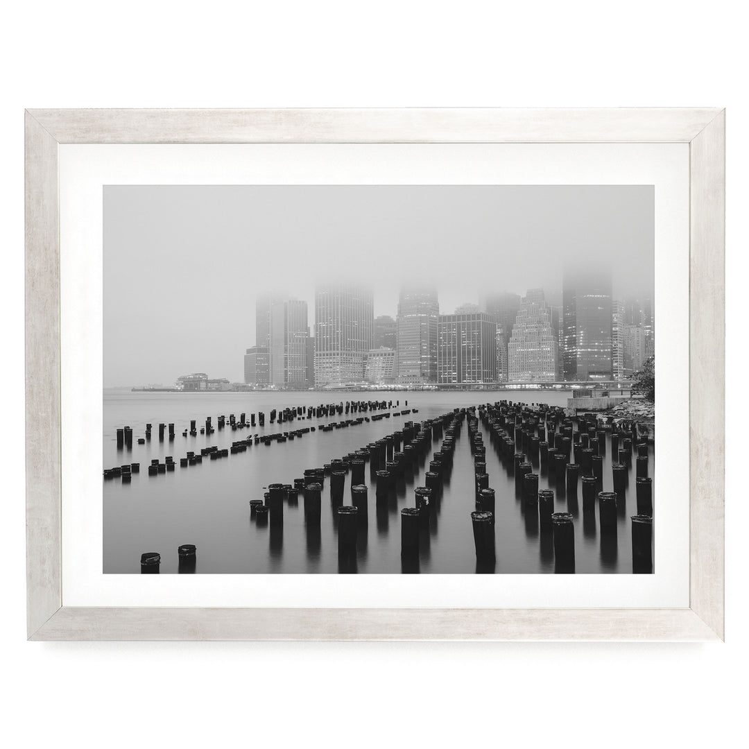 Foggy Manhattan Skyline, New York City – B&amp;W print in a silver frame with white mat