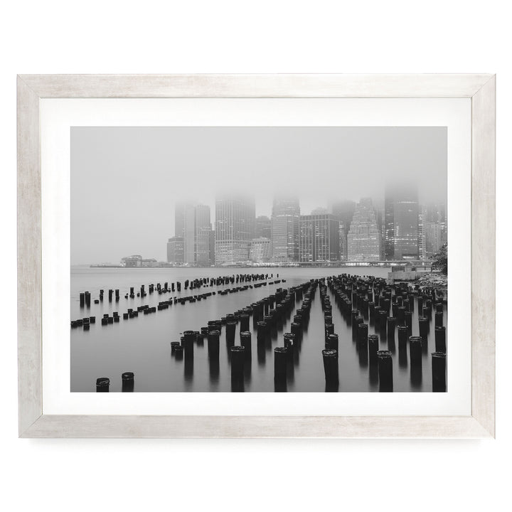Foggy Manhattan Skyline, New York City – B&amp;W print in a silver frame with white mat