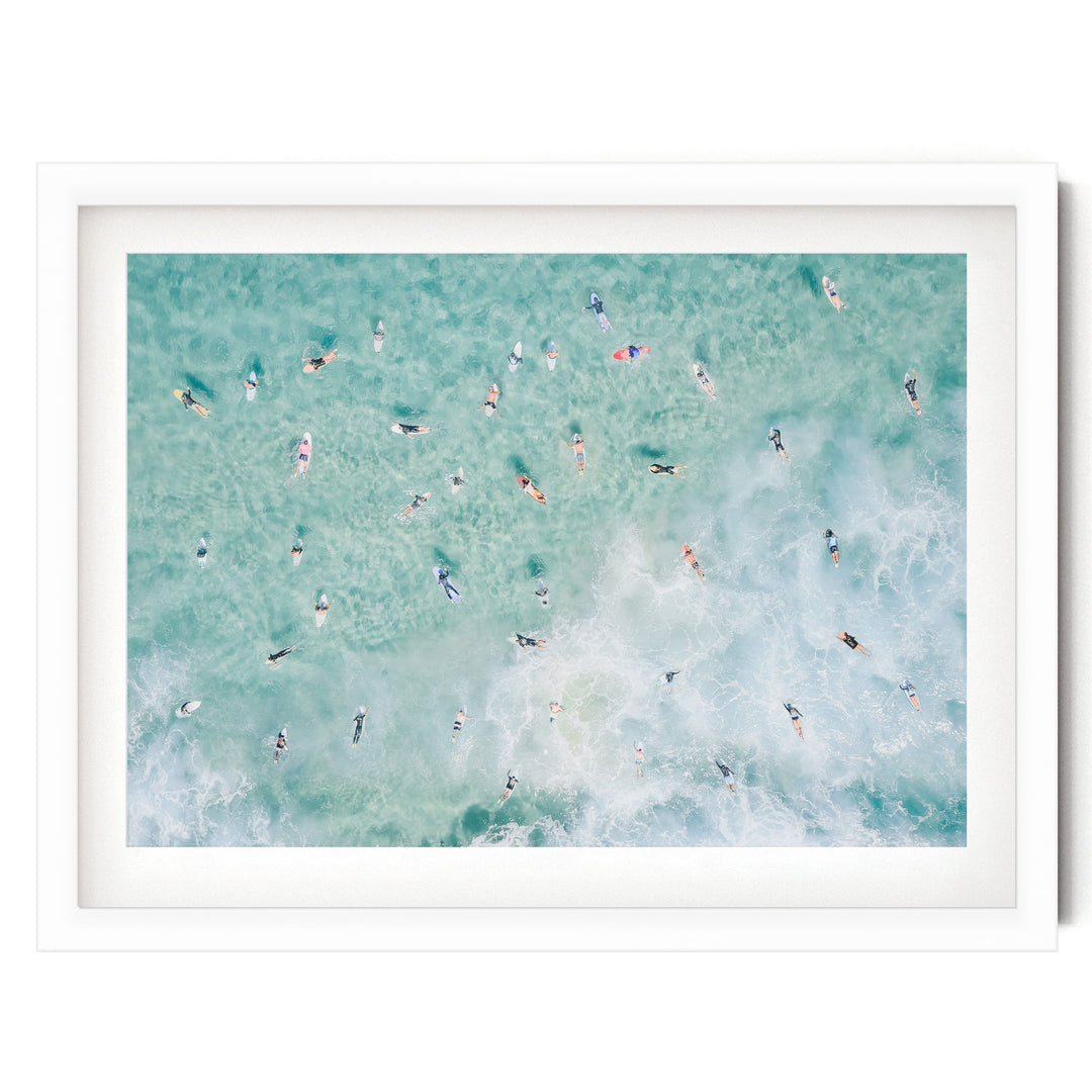 Bondi Beach surfers print in a white frame with white mat