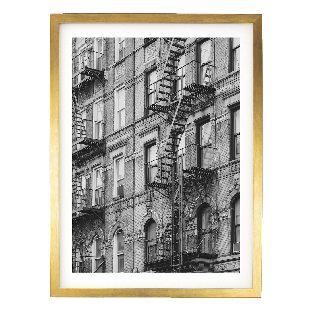 Fire Escapes, New York City – B&amp;W print in a gold frame with white mat