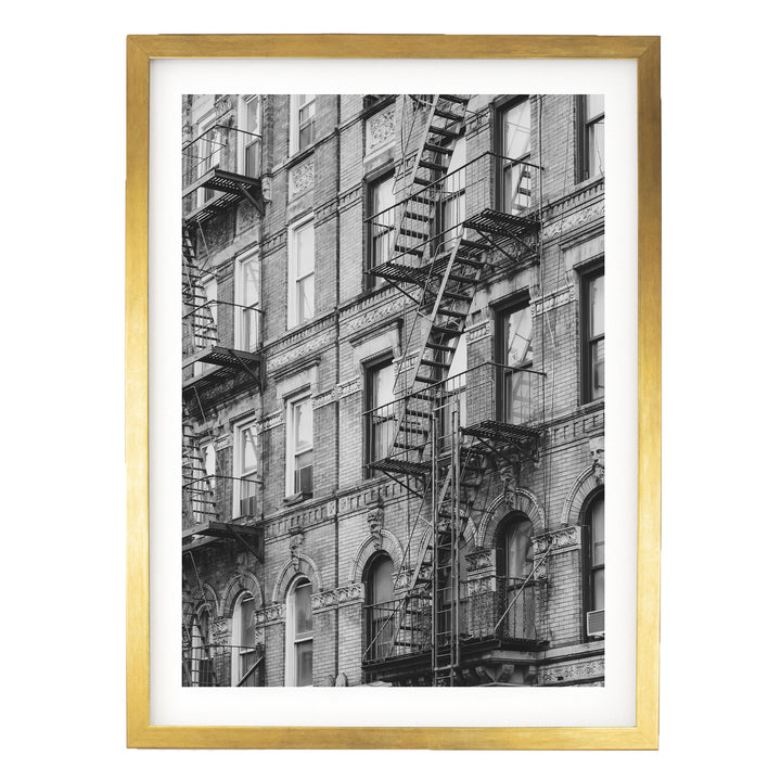 Fire Escapes, New York City – B&amp;W print in a gold frame with white mat