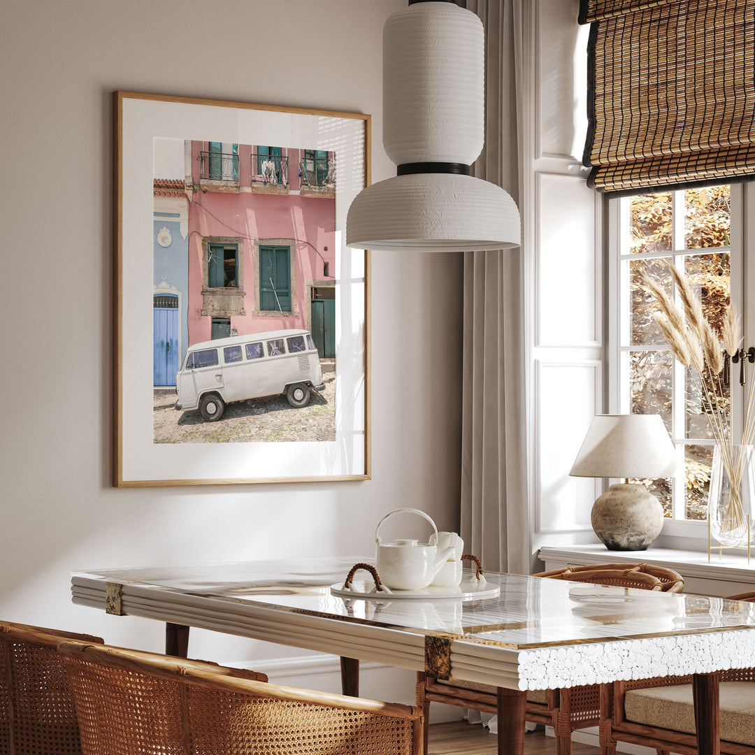 White Kombi Van, Pelourinho, Salvador, Brazil framed print in a living room setting