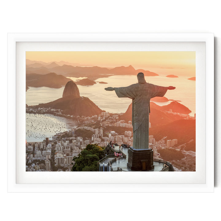 Christ the Redeemer at Golden Hour, Rio de Janeiro, Brazil print in a white frame with white mat
