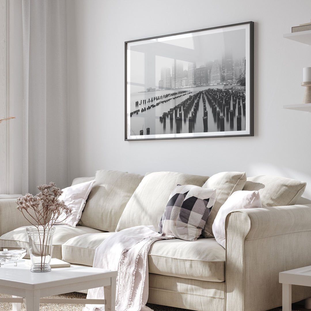 Foggy Manhattan Skyline, New York City – B&amp;W framed print in a living room setting
