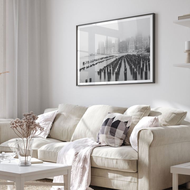 Foggy Manhattan Skyline, New York City – B&amp;W framed print in a living room setting