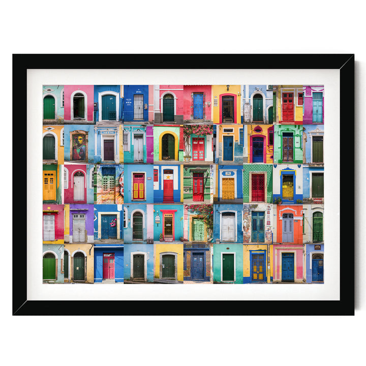 Colorful Doors of Brazil IV print in a black frame with white mat