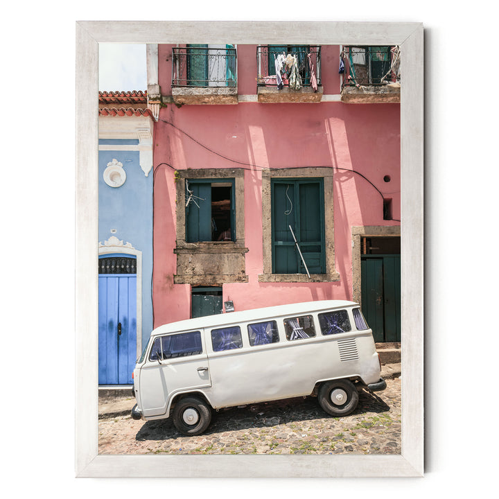 White Kombi Van, Pelourinho, Salvador, Brazil print in a silver frame without mat