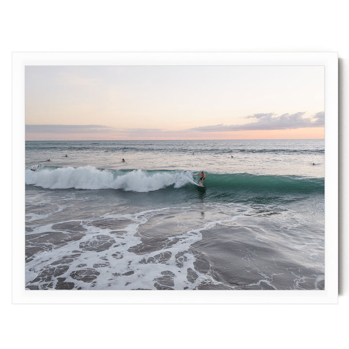 Riding the Wave at Sunset II, Costa Rica print in a white frame without mat