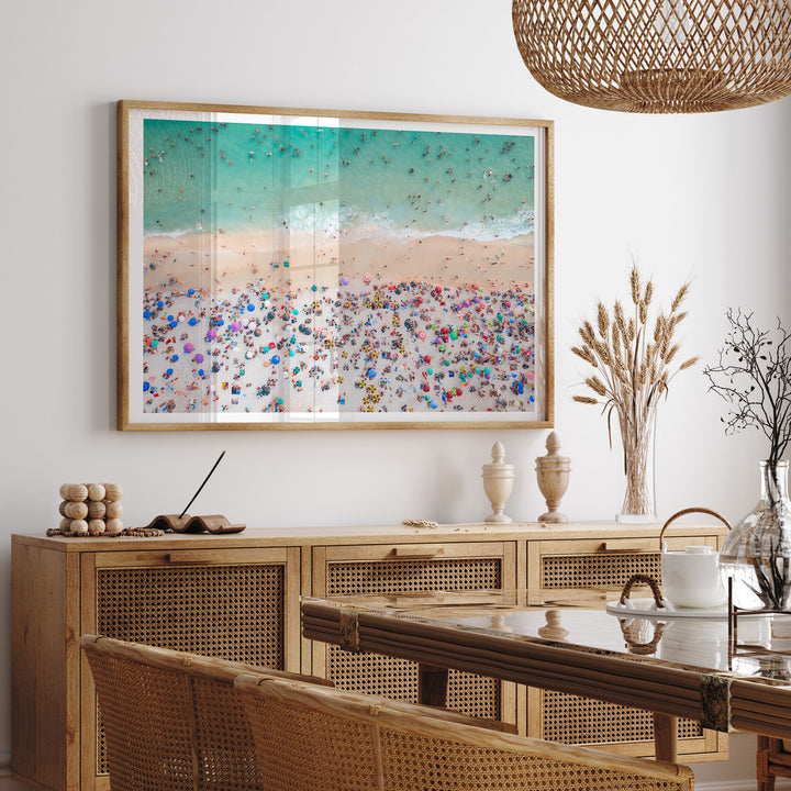Beach Umbrellas from Above, Ipanema, Rio de Janeiro, Brazil framed print hanging in a styled interior