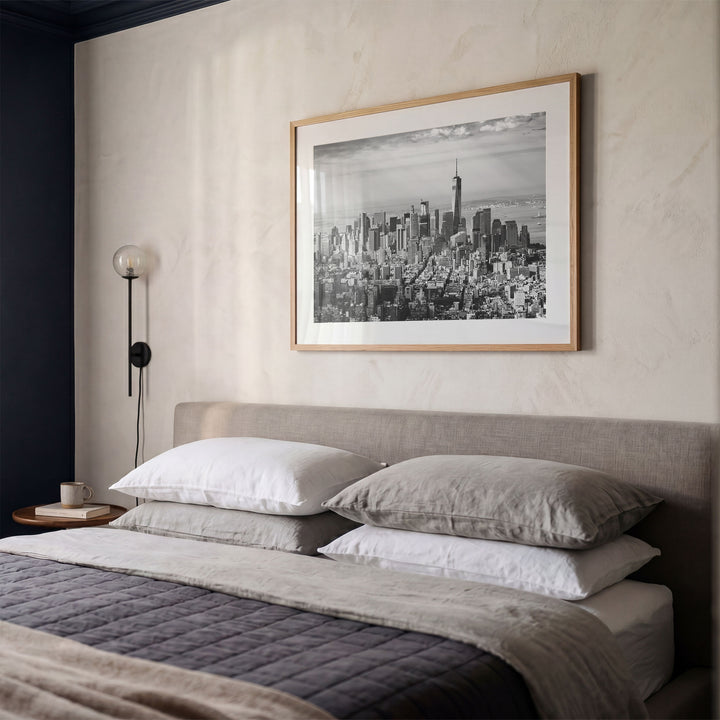 Manhattan Skyline from Above, New York City – B&amp;W framed print styled on the wall