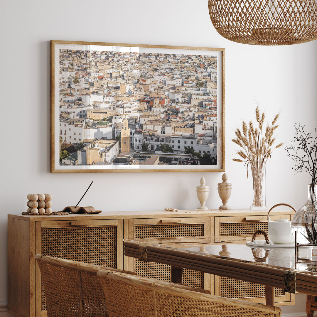 Medina of Rabat from Above, Morocco framed print hanging in a styled interior