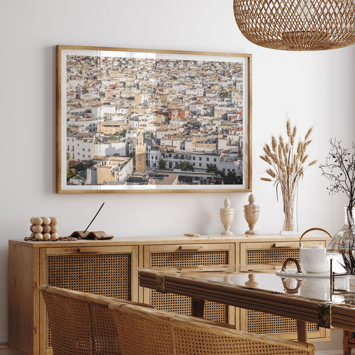 Medina of Rabat from Above, Morocco framed print hanging in a styled interior