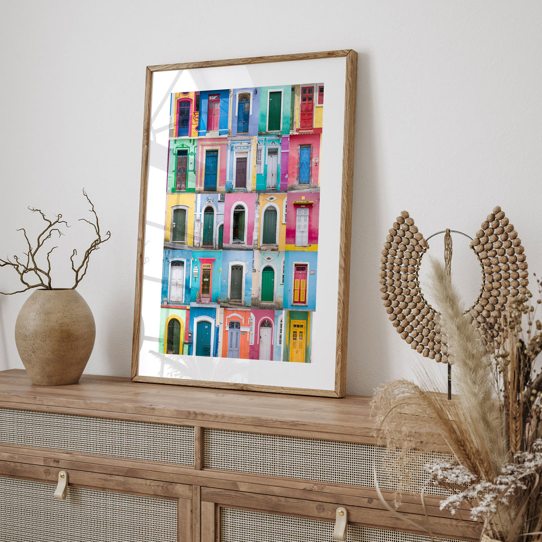 Colorful Doors of Brazil I framed print styled on the wall