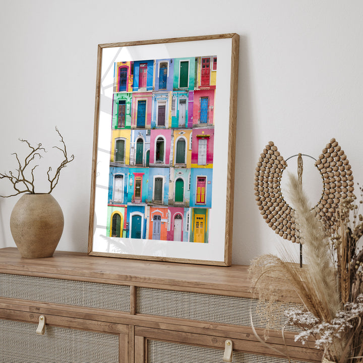 Colorful Doors of Brazil I framed print styled on the wall