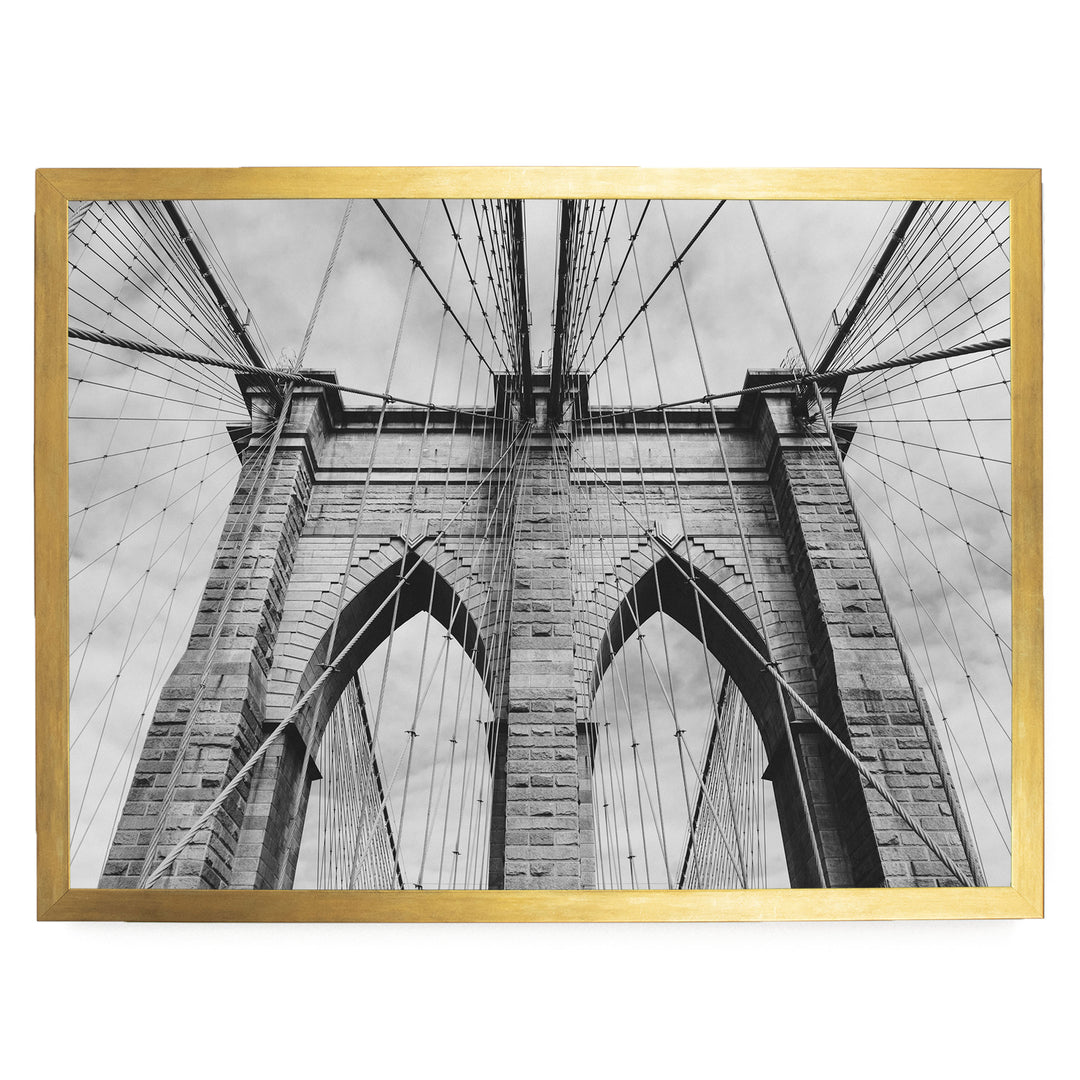 Brooklyn Bridge Tower, New York City – B&amp;W print in a gold frame without mat