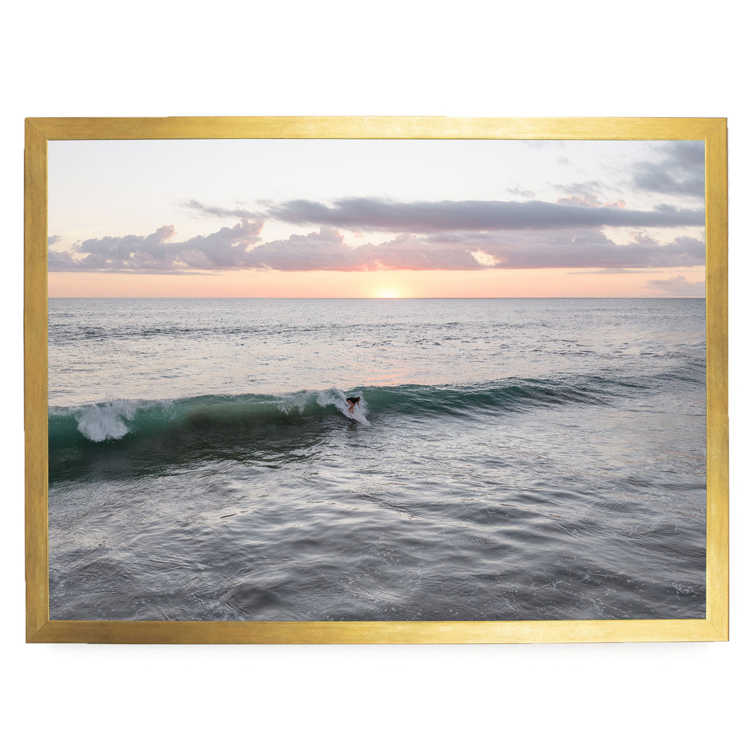 Riding the Wave at Sunset I, Costa Rica print in a gold frame without mat