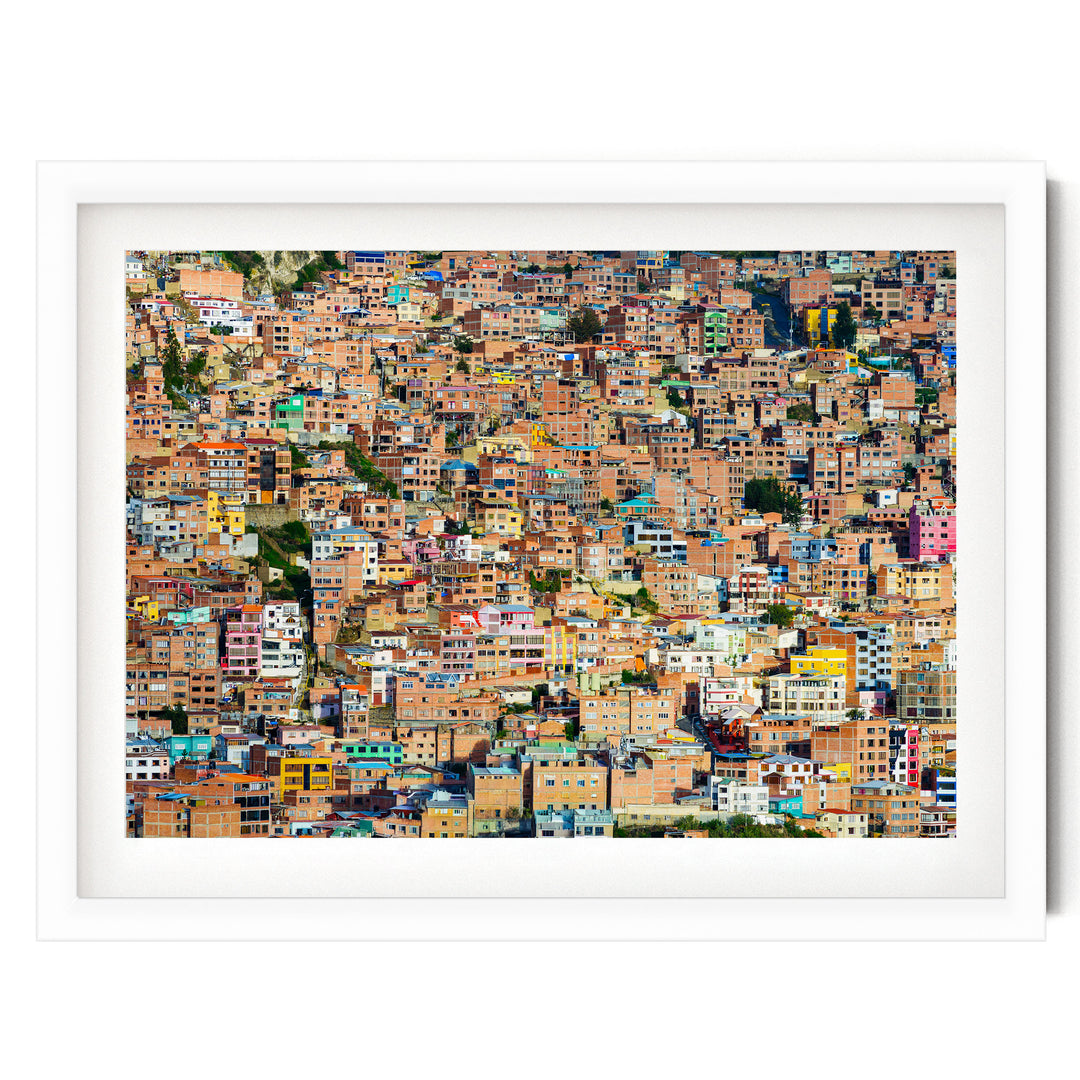 Colorful Houses of La Paz, Bolivia print in a white frame with white mat