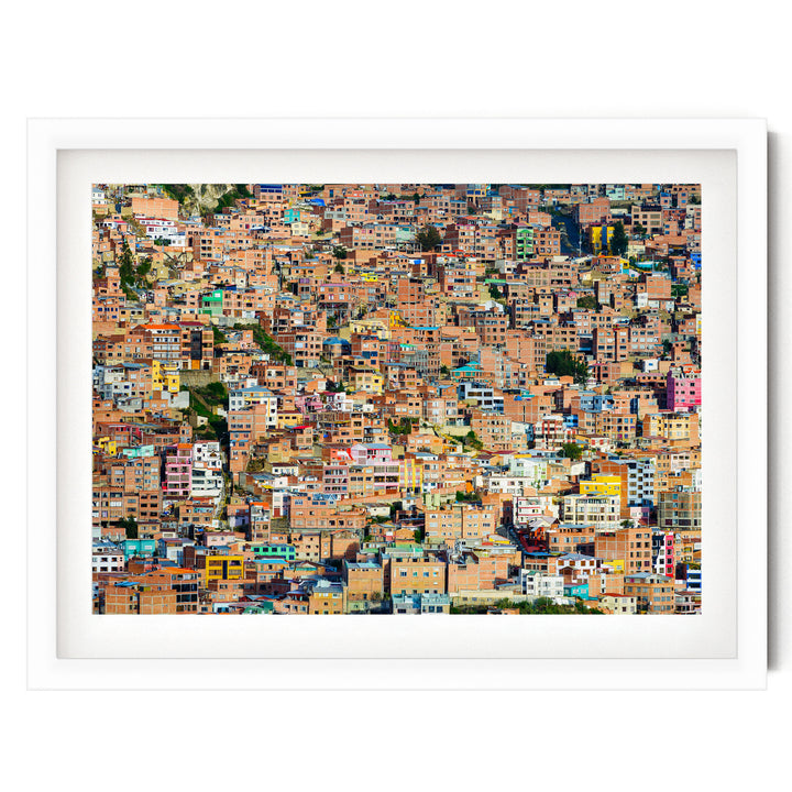 Colorful Houses of La Paz, Bolivia print in a white frame with white mat