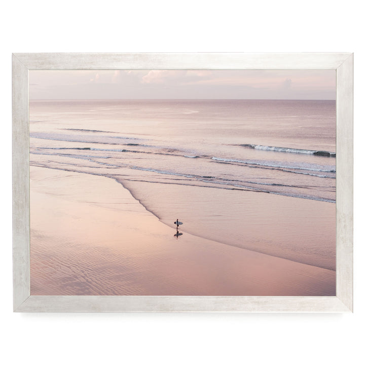 Lone Surfer on a Pink Beach I, Costa Rica print in a silver frame without mat