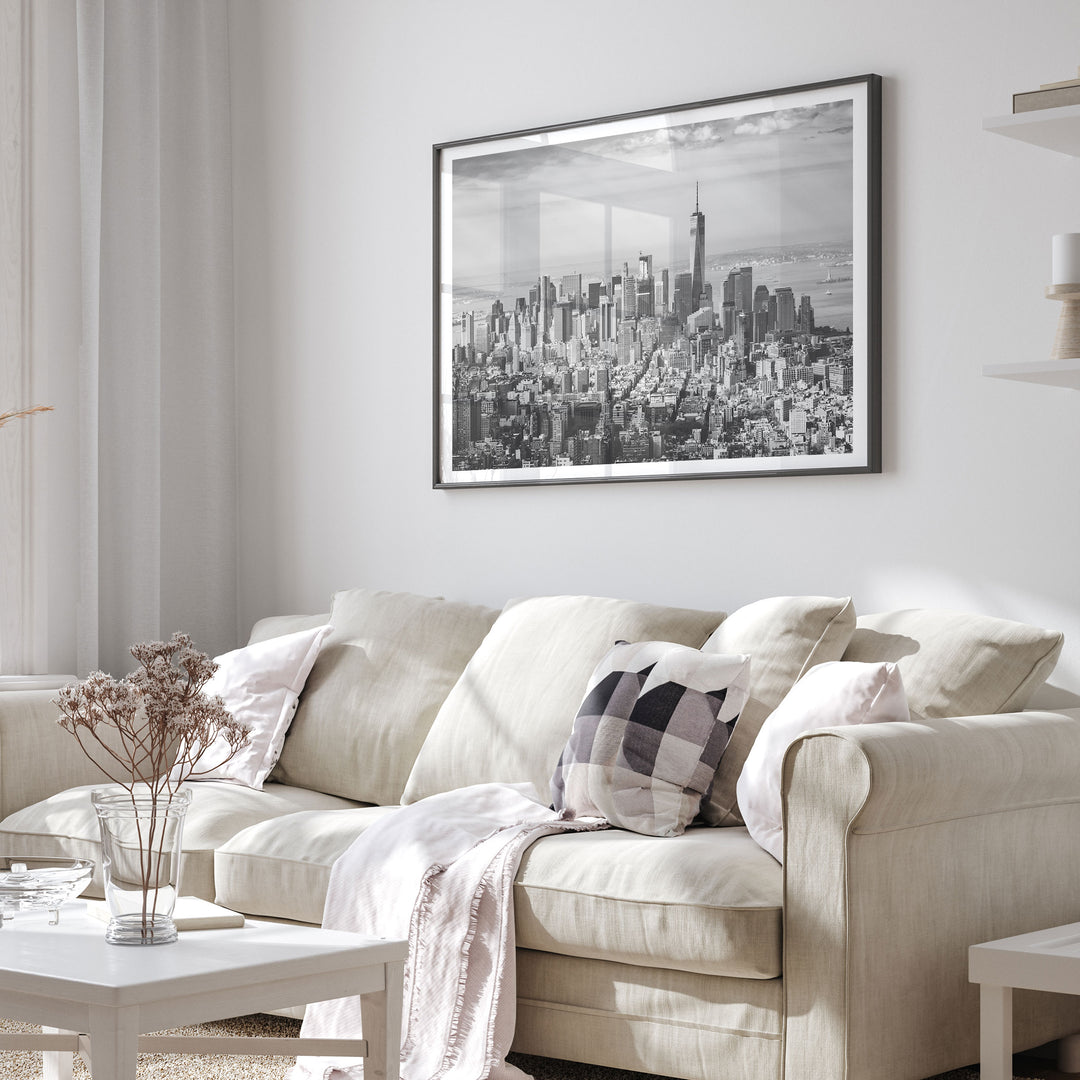 Manhattan Skyline from Above, New York City – B&amp;W framed print in a living room setting