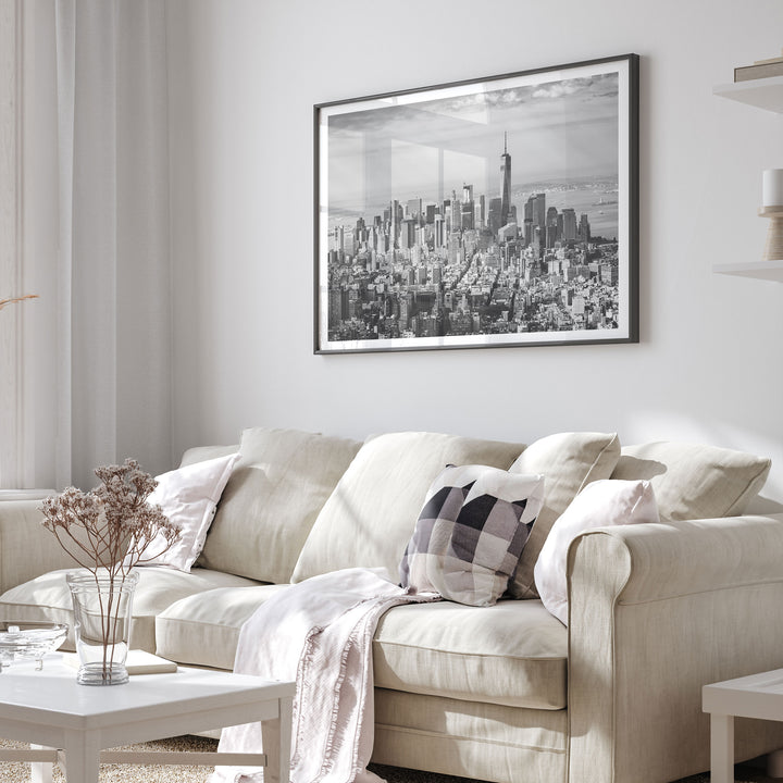 Manhattan Skyline from Above, New York City – B&amp;W framed print in a living room setting