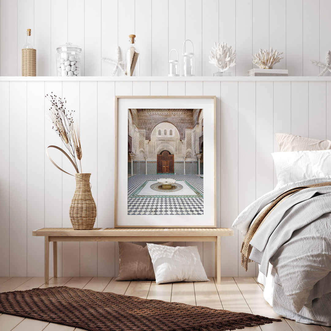 Madrasa Courtyard, Fes, Morocco framed wall art in a home interior