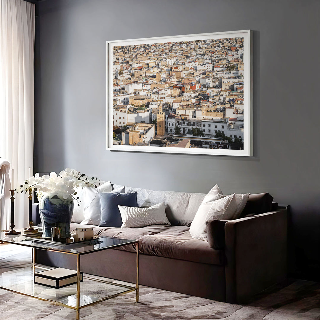 Medina of Rabat from Above, Morocco print displayed in a bedroom setting