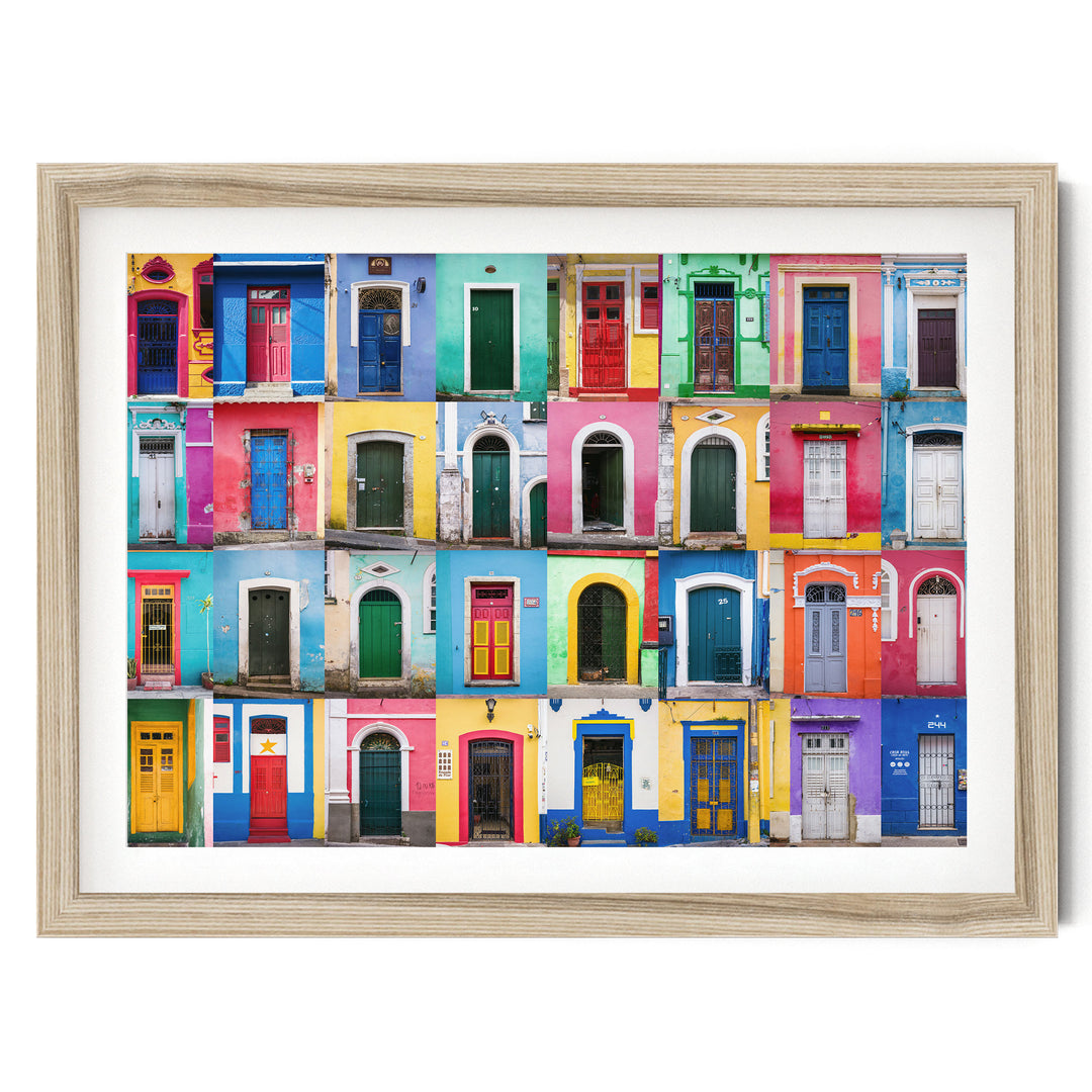 Colorful Doors of Brazil II fine art print in a natural wood frame with white mat