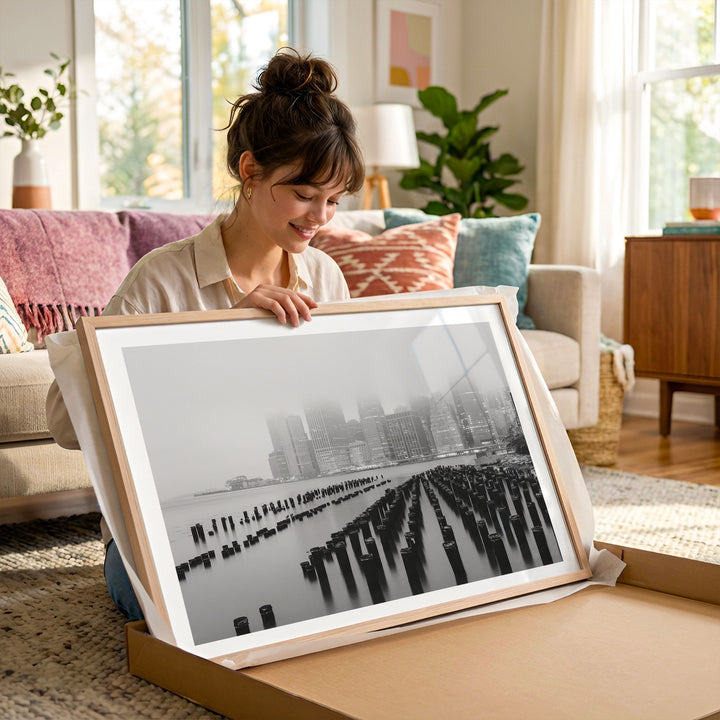Foggy Manhattan Skyline, New York City – B&amp;W framed photography print in a lifestyle setting