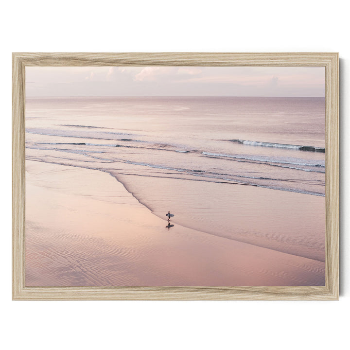 Lone Surfer on a Pink Beach I, Costa Rica print in a natural wood frame without mat