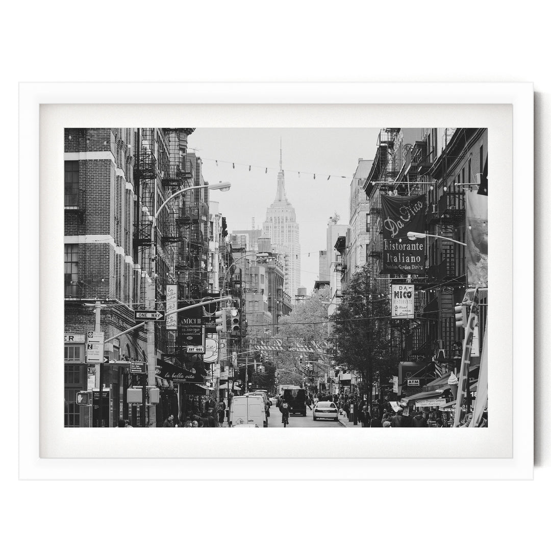 Little Italy and Empire State Building, New York City – B&amp;W print in a white frame with white mat