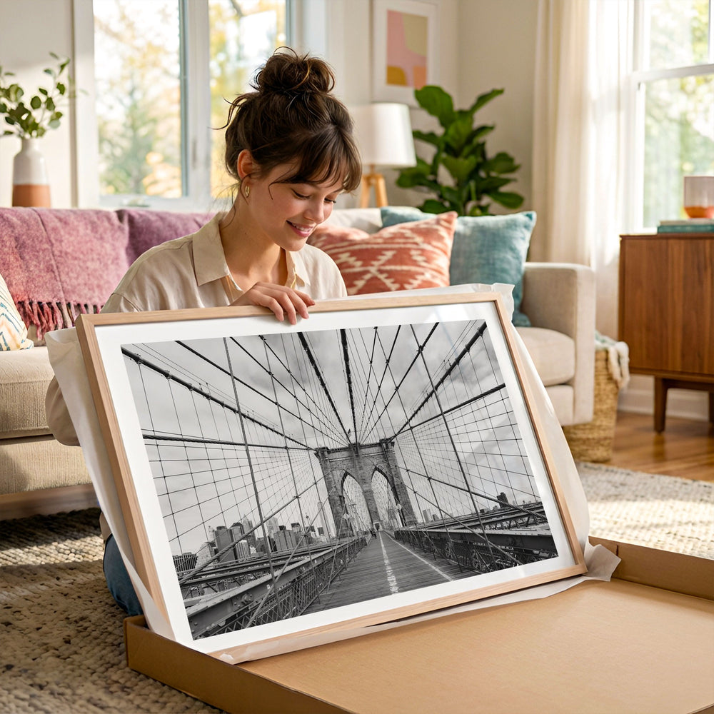 Brooklyn Bridge Walkway, New York City – B&W framed photography print in a lifestyle setting