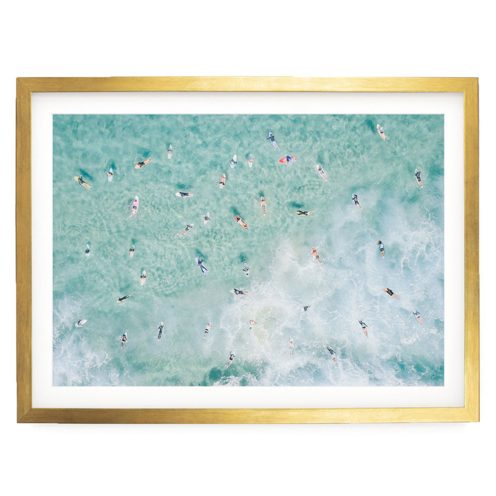 Bondi Beach surfers print in a gold frame with white mat