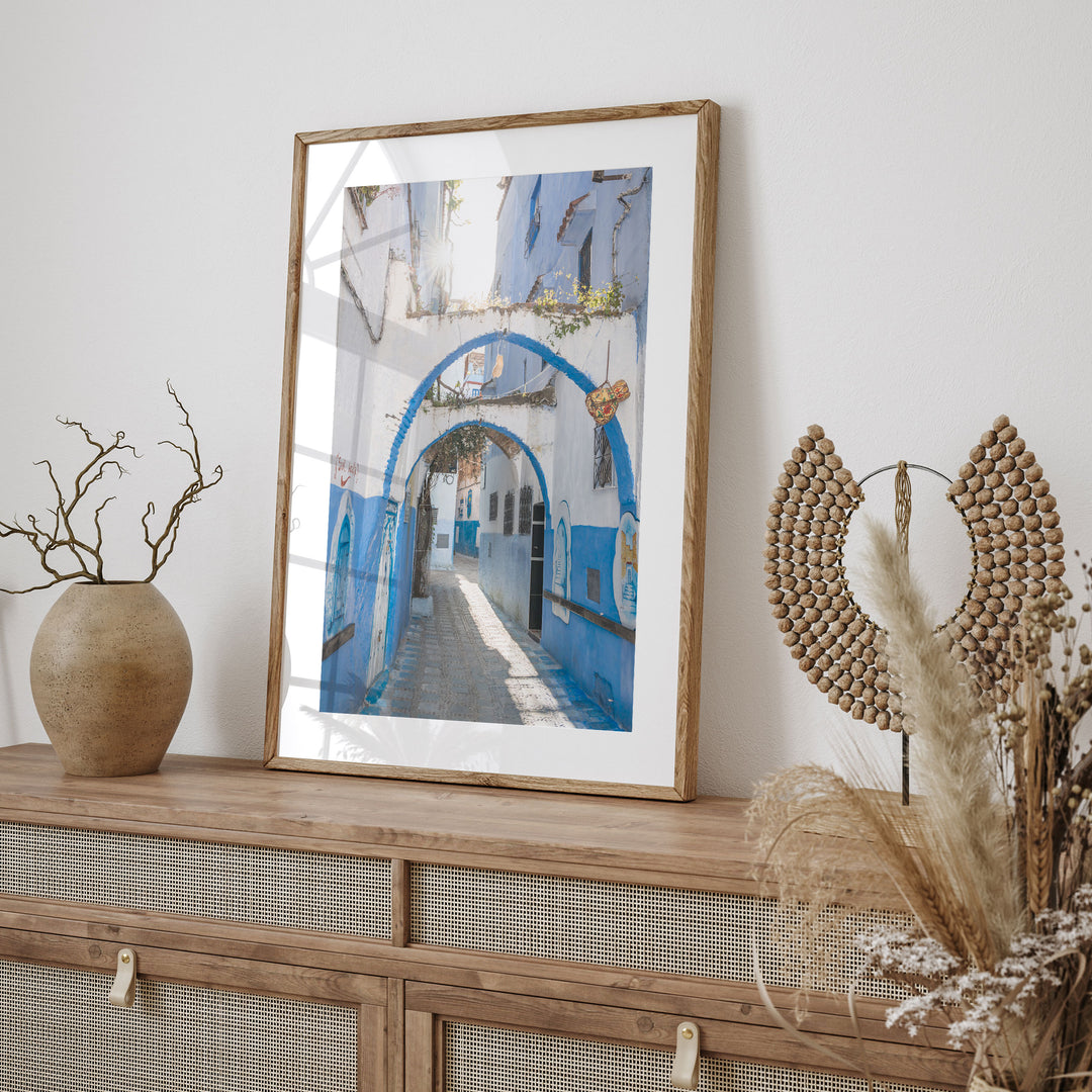 Blue Archways, Chefchaouen, Morocco framed print styled on the wall