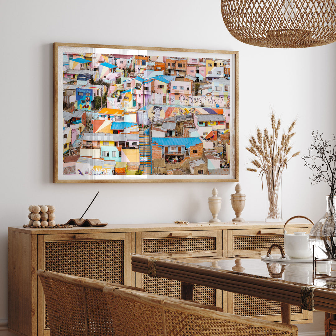 Colorful Hillside Houses, La Paz, Bolivia framed print hanging in a styled interior