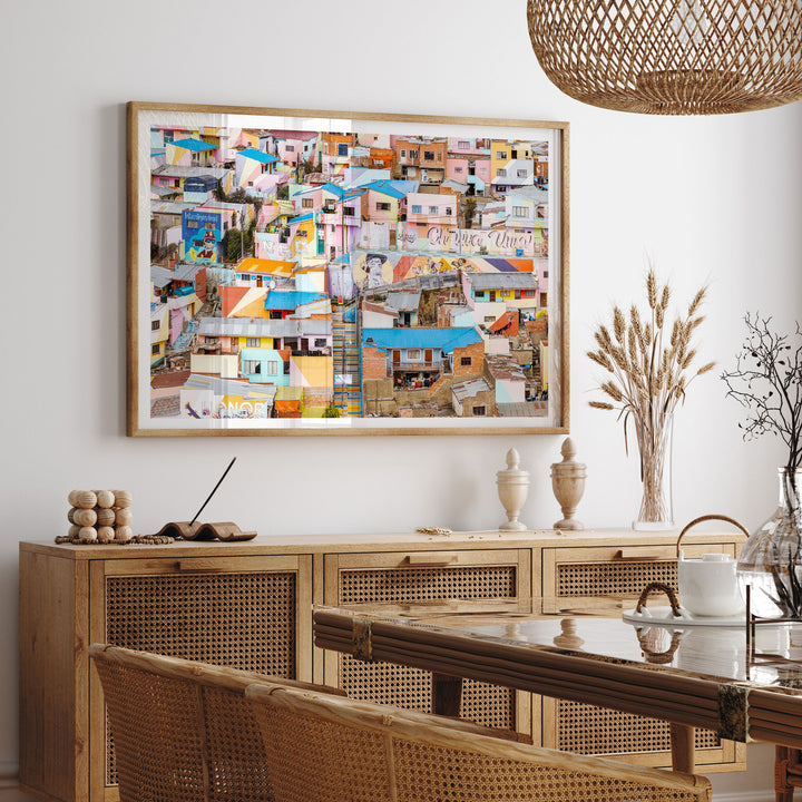 Colorful Hillside Houses, La Paz, Bolivia framed print hanging in a styled interior