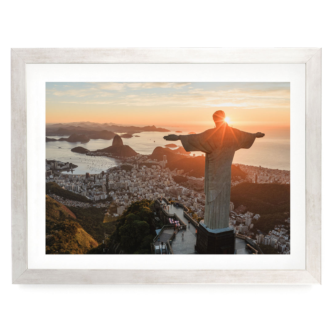 Christ the Redeemer at Sunrise, Rio de Janeiro, Brazil print in a silver frame with white mat
