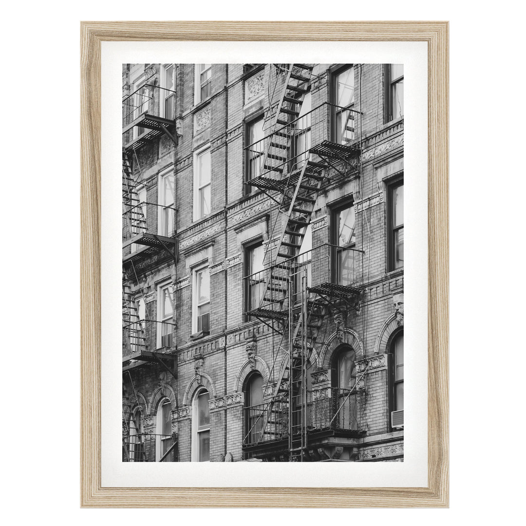 Fire Escapes, New York City – B&W fine art print in a natural wood frame with white mat