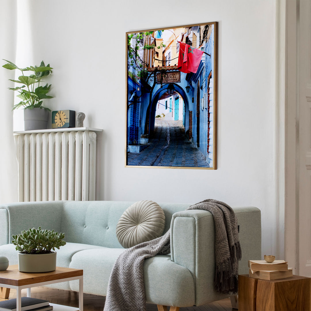 Moroccan Flag in the Blue City, Chefchaouen wall art mockup in an interior