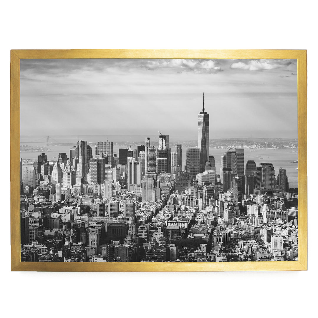 Manhattan Skyline from Above, New York City – B&amp;W print in a gold frame without mat