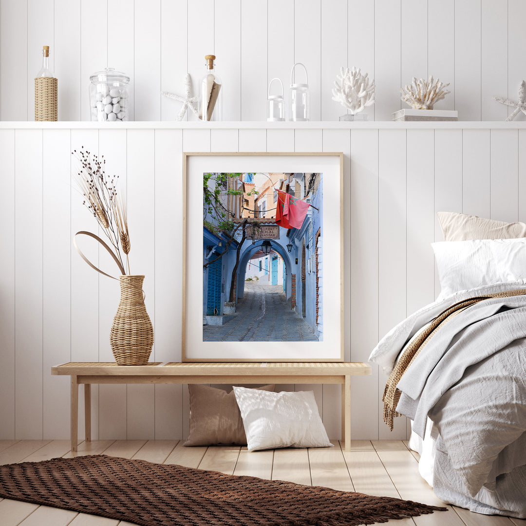 Moroccan Flag in the Blue City, Chefchaouen framed wall art in a home interior
