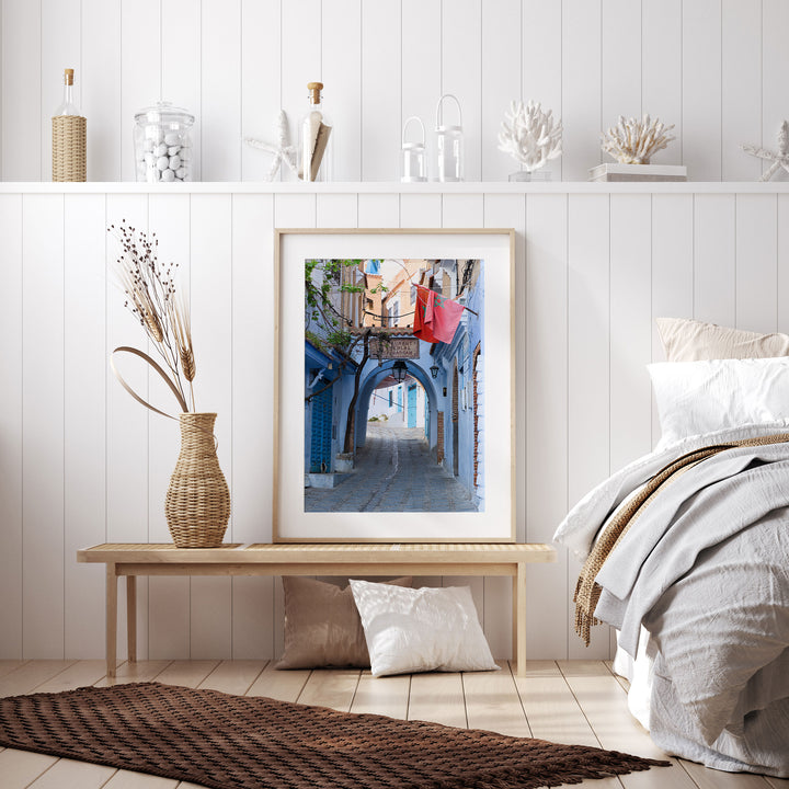 Moroccan Flag in the Blue City, Chefchaouen framed wall art in a home interior
