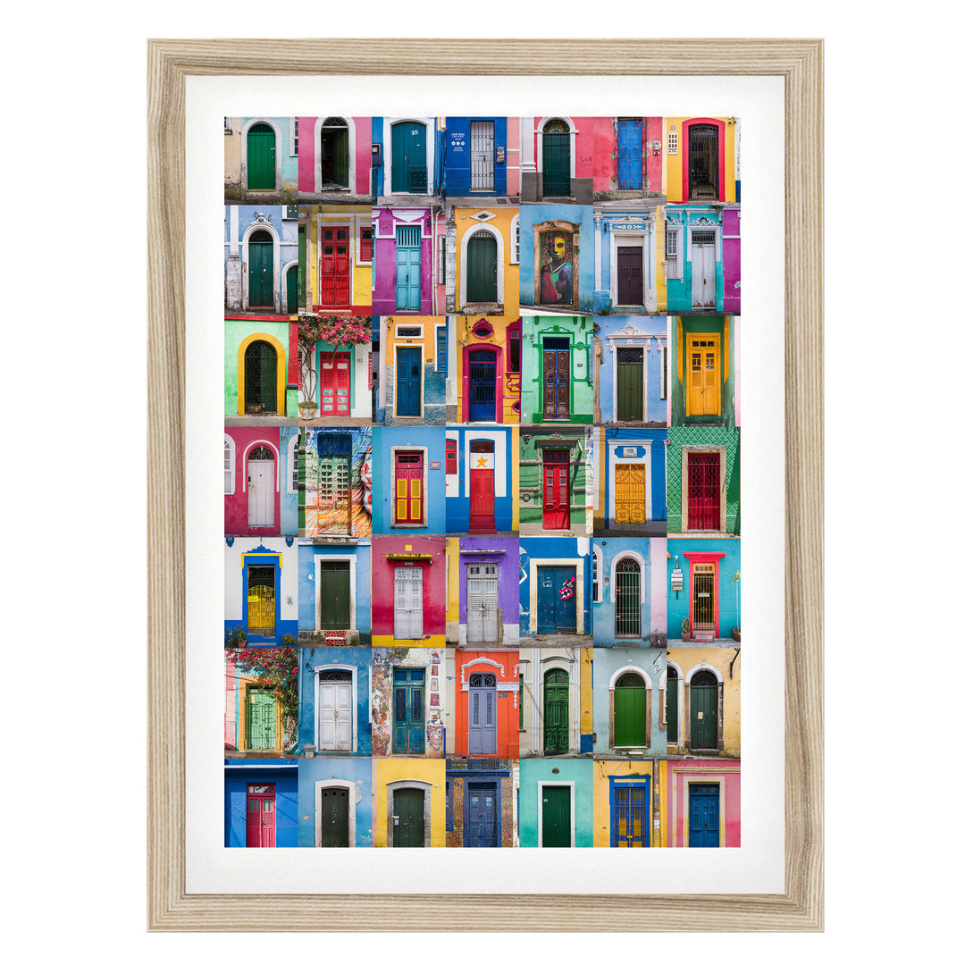 Colorful Doors of Brazil III fine art print in a natural wood frame with white mat