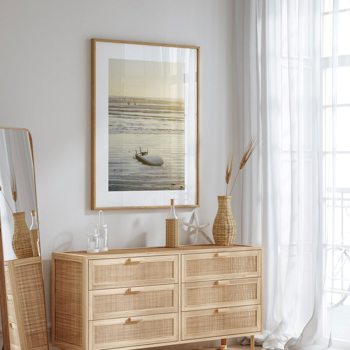 Surfboard at Sunset, Costa Rica wall art in a contemporary home