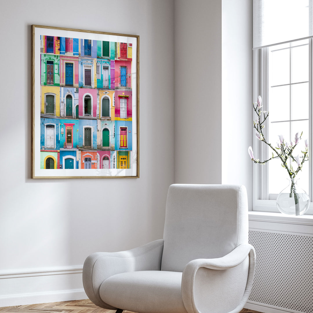 Colorful Doors of Brazil I framed wall art in a cozy interior