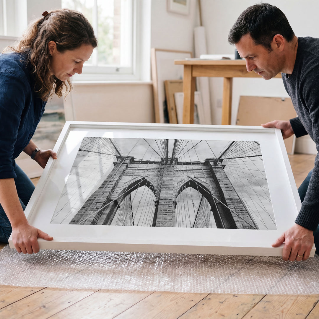 Brooklyn Bridge Tower, New York City – B&amp;W framed wall art in a cozy interior