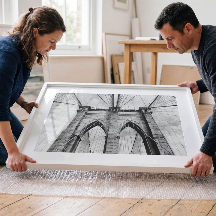 Brooklyn Bridge Tower, New York City – B&amp;W framed wall art in a cozy interior
