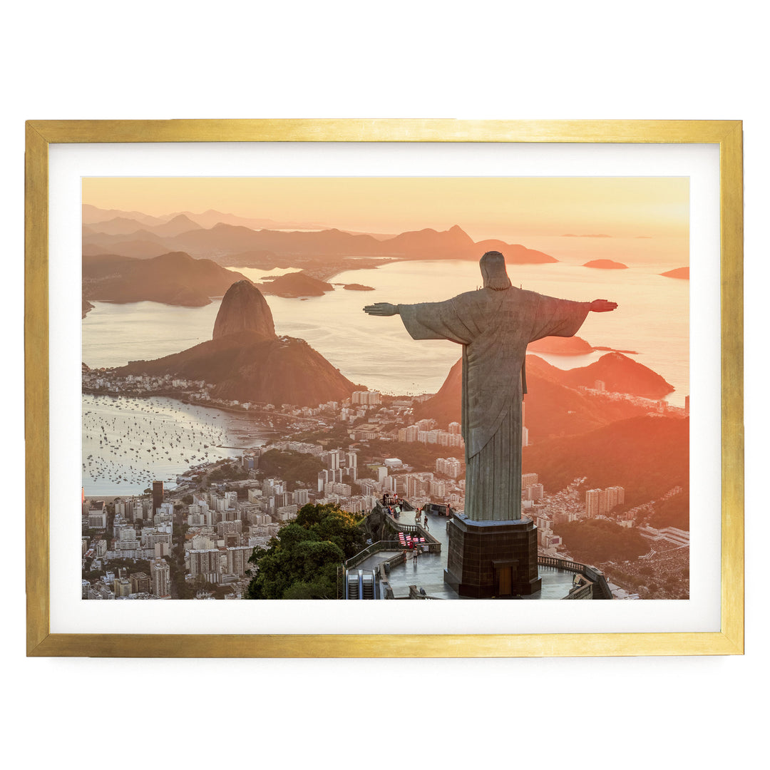 Christ the Redeemer at Golden Hour, Rio de Janeiro, Brazil print in a gold frame with white mat